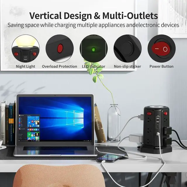 Alt view image 12 of 14 - Long Surge Protector Power Strip 16 FT Cord, PD20W USB C Power Strip Tower with Night Light, Extension Cord with Multiple Outlets with 4 USB Ports, PASSUS Charging Station Home Office Essentials Black