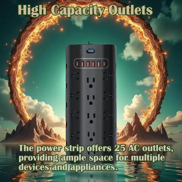 Alt view image 12 of 14 - 20 Amp Power Strip Surge Protector,Heavy Duty 12 Gauge 6.5 ft Cord/25 AC Outlets/4 USB A/2USB C/4000 Joules Surge protection/2500W/125V,Office Workshop Household Garage Black