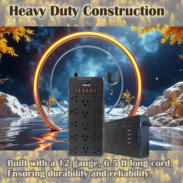 Alt view image 10 of 14 - 20 Amp Power Strip Surge Protector,Heavy Duty 12 Gauge 6.5 ft Cord/25 AC Outlets/4 USB A/2USB C/4000 Joules Surge protection/2500W/125V,Office Workshop Household Garage Black