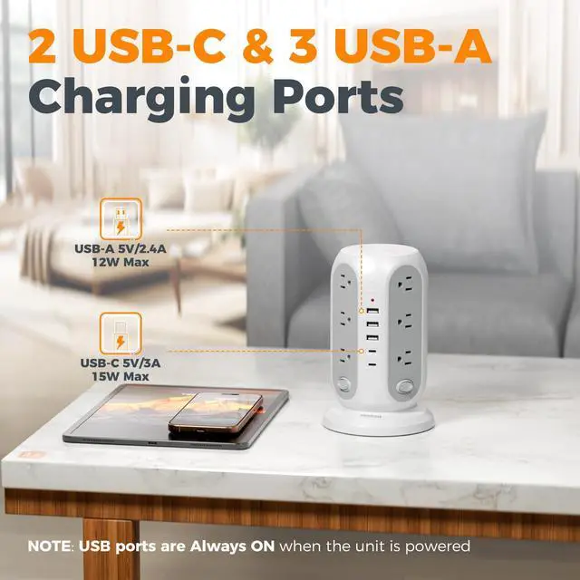 Alt view image 11 of 14 - Tower Power Strip with Individual Switches, Surge Protector with 12 Outlets, 5 USB Ports(2 USB C), Flat Extension Cord 10 Ft, 1250W, Charging Station for Multiple Devices, Office, Dorm, Grey