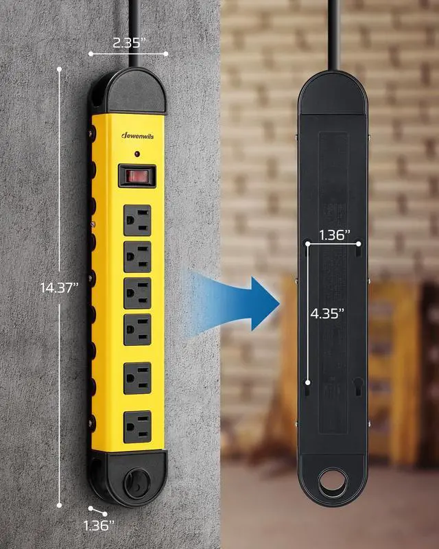 Alt view image 14 of 14 - Metal Power Strip, 6-Outlet Heavy Duty Surge Protector with 15FT Long Cord, UL Listed, 14AWG/3C, 15A Circuit Breaker, 900 Joules, Low Profile Flat Plug, Wall Mountable