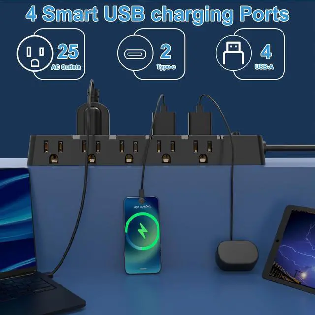 Alt view image 14 of 14 - 20 Amp Power Strip Surge Protector,Heavy Duty 12 Gauge 6.5 ft Cord/25 AC Outlets/4 USB A/2USB C/4000 Joules Surge protection/2500W/125V,Office Workshop Household Garage Black