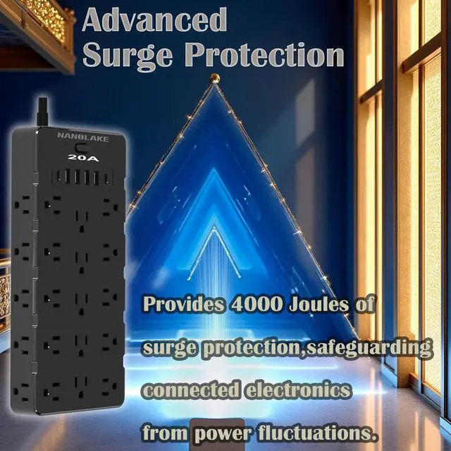Alt view image 13 of 14 - 20 Amp Power Strip Surge Protector,Heavy Duty 12 Gauge 6.5 ft Cord/25 AC Outlets/4 USB A/2USB C/4000 Joules Surge protection/2500W/125V,Office Workshop Household Garage Black