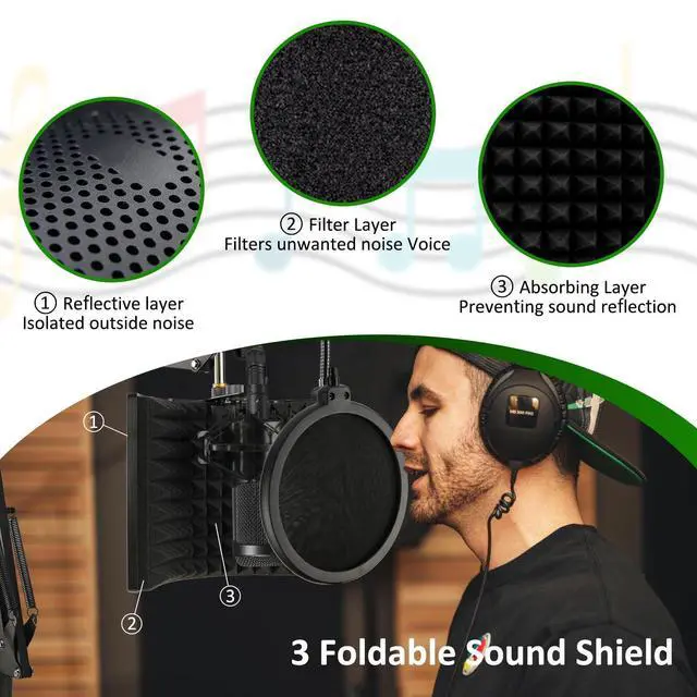 Alt view image 9 of 14 - Microphone Isolation Shield with Mic Stand and Pop Filter, Foldable Sound Shield for Most Condenser Microphone Recording Equipment Studio, High Density Absorbent Foam to Filter Vocal by Frgyee