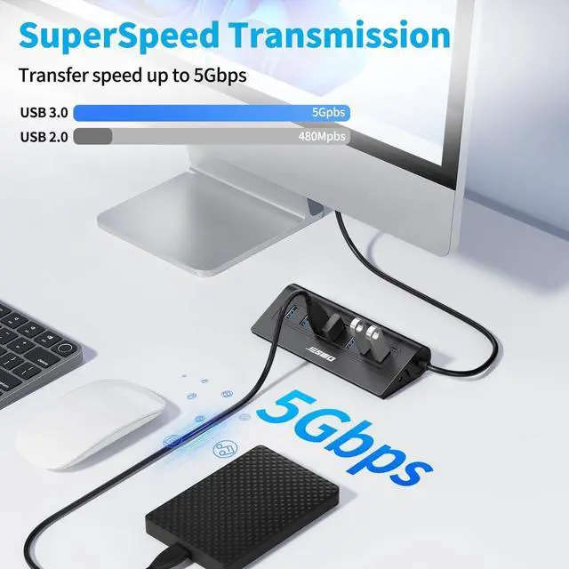 Alt view image 9 of 14 - USB Hub 3.0, Aluminum 7 Port USB 3.0 Hub with 3.3Ft Cable, USB Splitter with 7-USB3.0 Data Ports Compatible with MacBook, Laptop,Surface Pro, PS5, PC and More (No Power Adapter Included)