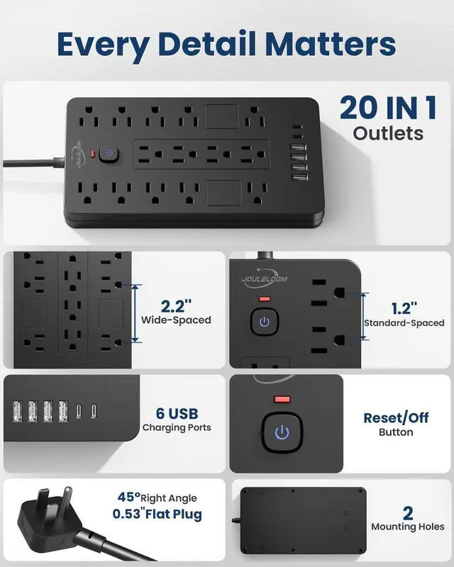 Alt view image 14 of 14 - Surge Protector Power Strip-14 Outlets and 6 USB Ports, 6 Feet Flat Plug Extension Cord, 1850 Joules, Black, ETL Listed for Home, Office, Dorm Room