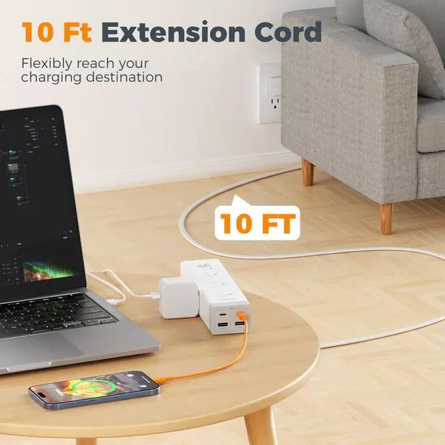 Alt view image 11 of 14 - Surge Protector Power Strip PD 20W, Ultra Thin Flat Plug 10 FT Extension Cord, 9 Outlets 4 USB(2 USB C), 1050J Protection Multiple Outlets Charging Station for Home, Office, College Dorm Room