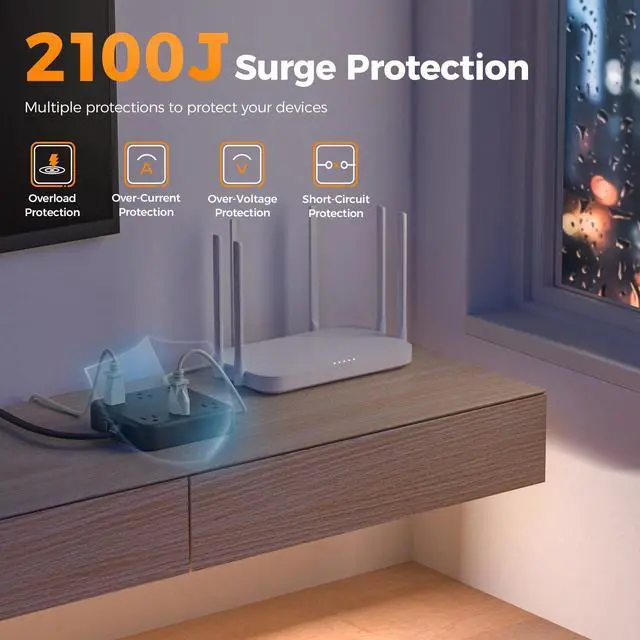 Alt view image 10 of 14 - 15Ft Black Extension Cord with Multiple Outlets, Surge Protector Power Strip with 6 Outlets and 4 USB Ports (2 USB C), 2100 Joules Protection, Flat Plug, Outlet Extender for Home, Office, Dorm