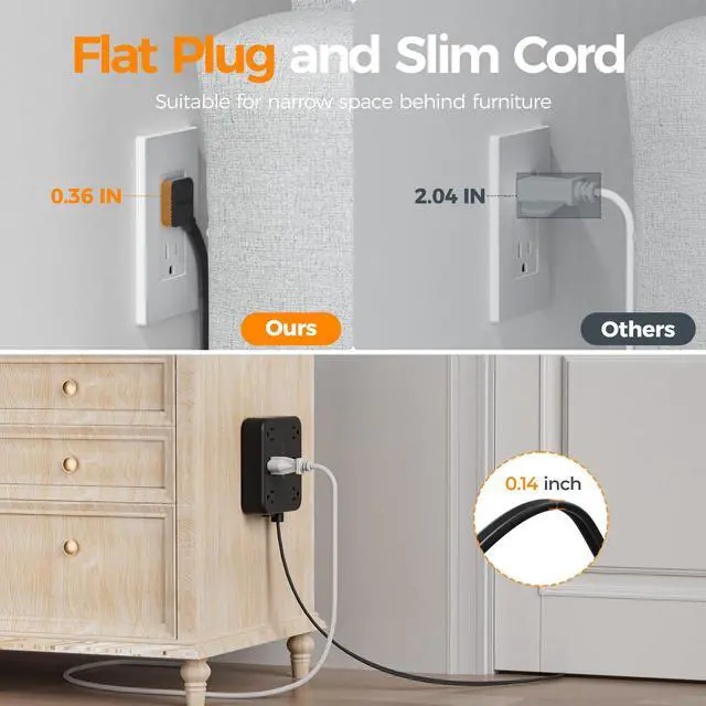 Alt view image 13 of 14 - 15Ft Black Extension Cord with Multiple Outlets, Surge Protector Power Strip with 6 Outlets and 4 USB Ports (2 USB C), 2100 Joules Protection, Flat Plug, Outlet Extender for Home, Office, Dorm