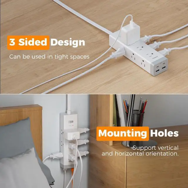 Alt view image 14 of 14 - Surge Protector Power Strip PD 20W, Ultra Thin Flat Plug 10 FT Extension Cord, 9 Outlets 4 USB(2 USB C), 1050J Protection Multiple Outlets Charging Station for Home, Office, College Dorm Room
