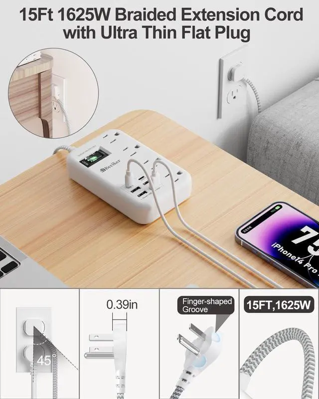 Alt view image 10 of 14 - 6 USB(2 USB C) Surge Protector Power Strip- 15 Ft Extension Cord with 6 USB Charging Station and 4 Outlets, Flat Plug Long Braided Extension Cord with Multiple Outlets Wall Mount for Home Office Dorm