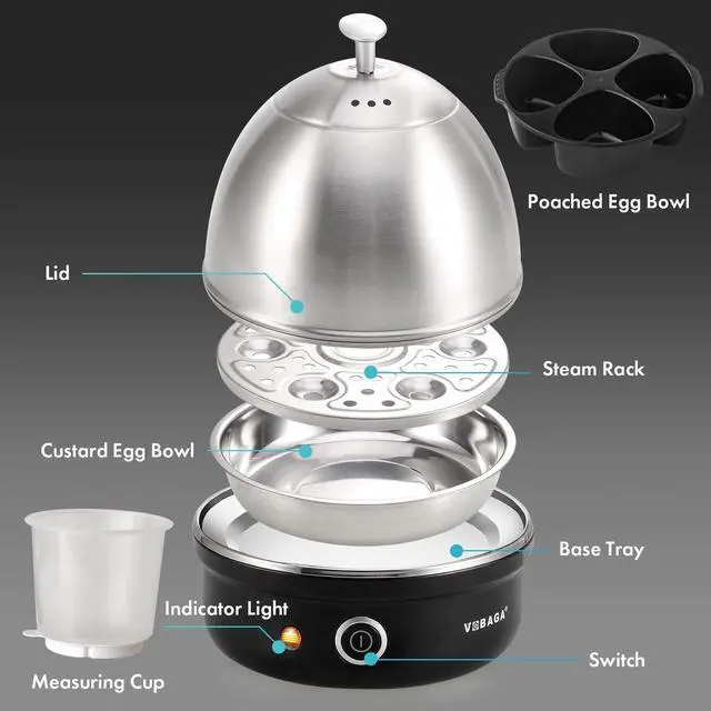 Alt view image 14 of 14 - Electric Egg Cooker, Rapid Egg Boiler with Auto Shut Off for Soft, Medium, Hard Boiled, Poached, Steamed Eggs, Vegetables and Dumplings, Stainless Steel Tray with 7-Egg Capacity (Black)