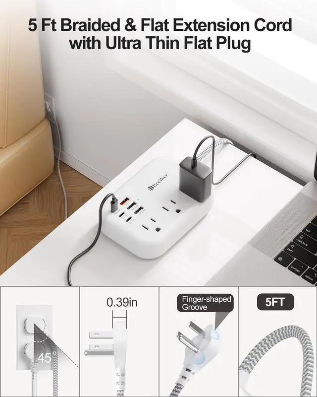 Alt view image 13 of 14 - PD45W USB C Travel Power Strip, Cruise Power Strip with 6 USB(3 USB C) Ports and 3 Outlets, 5Ft Flat Plug Braided Extension Cord, 45W Fast Charging Station for MacBook Laptops iPad Pro iPhone Samsung