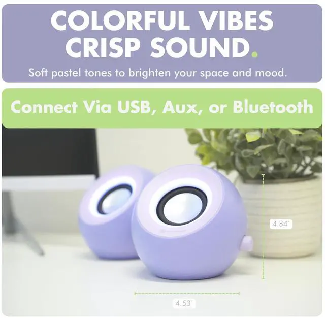 Alt view image 10 of 14 - Purple Computer Speakers for Desktop PC with RGB Lighting, Bluetooth, USB, and AUX - Triple Mode Connection, Dual 2.25" Drivers for Work and Play - Bluetooth PC Speakers - Purple