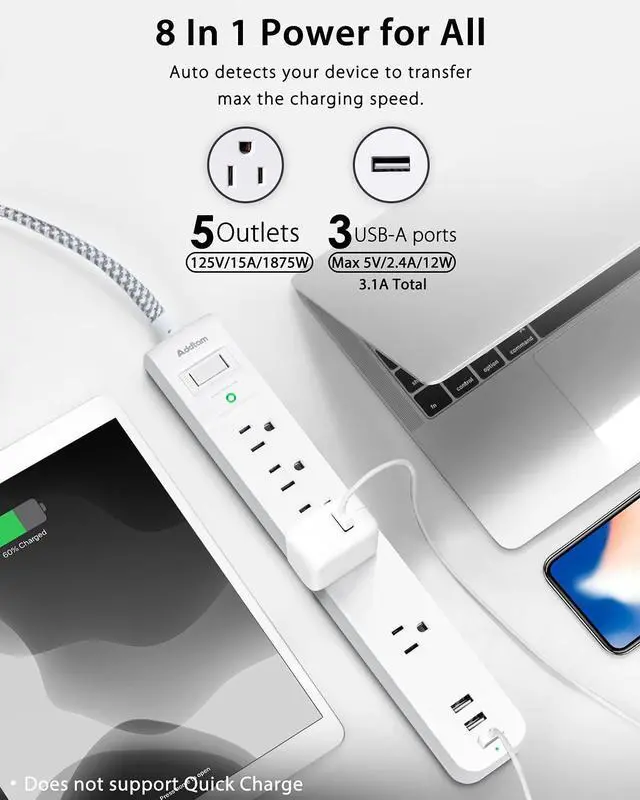 Alt view image 9 of 14 - 2 Pack Power Strip Surge Protector - 5 Widely Spaced Outlets 3 USB Charging Ports, 1875W/15A with 5Ft Braided Extension Cord, Flat Plug, Overload Surge Protection, Wall Mount for Home Office,White