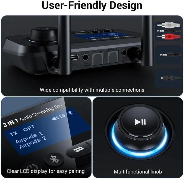 Alt view image 14 of 14 - Bluetooth 5.3 Transmitter for TV Audio w. Screen Display Dual Antenna Low Latency Bluetooth Adapter Support Up to 2 BT Headphones Long Range Bluetooth Extender 3.5mm AUX/RCA/Opt Input/Output