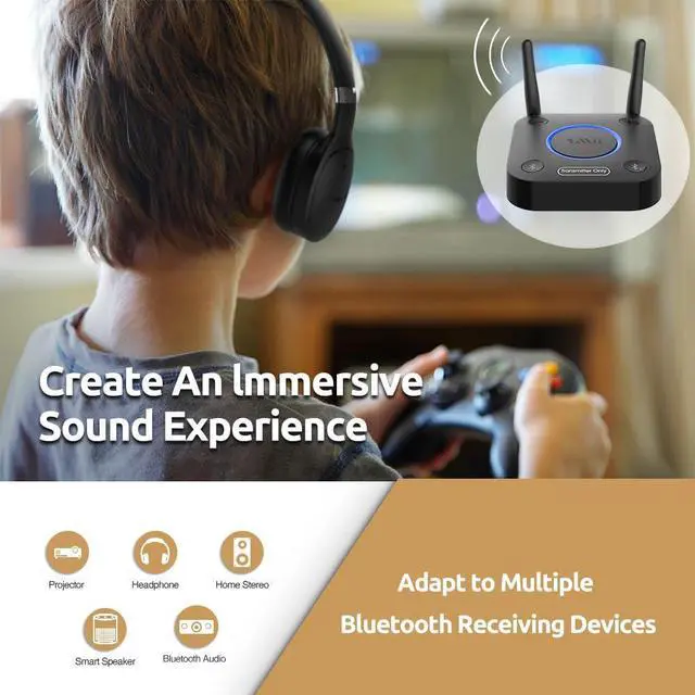 Alt view image 11 of 14 - B06TX Bluetooth 5.3 Transmitter for TV to Wireless Headphone/Speaker, Bluetooth Adapter for TV w/Volume Control, AUX/RCA/Optical/Coaxial Audio Inputs, Plug n Play, aptX Low Latency & HD