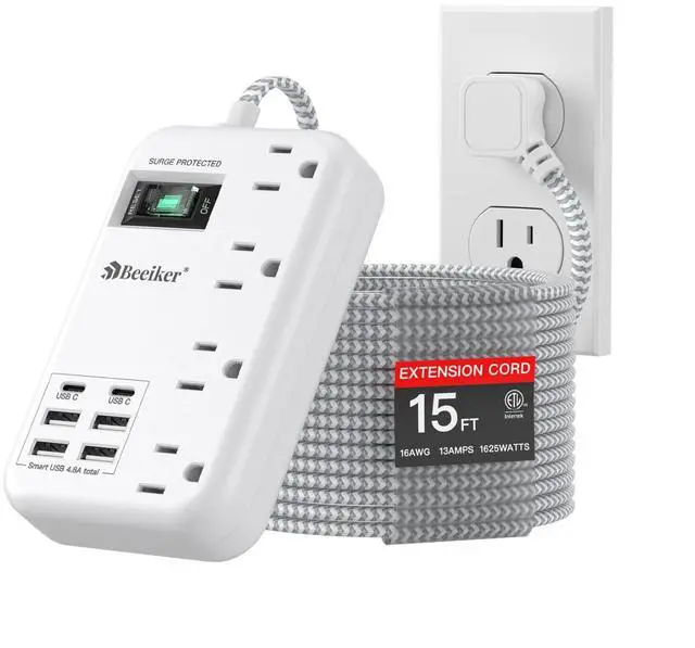 Alt view image 8 of 14 - 6 USB(2 USB C) Surge Protector Power Strip- 15 Ft Extension Cord with 6 USB Charging Station and 4 Outlets, Flat Plug Long Braided Extension Cord with Multiple Outlets Wall Mount for Home Office Dorm