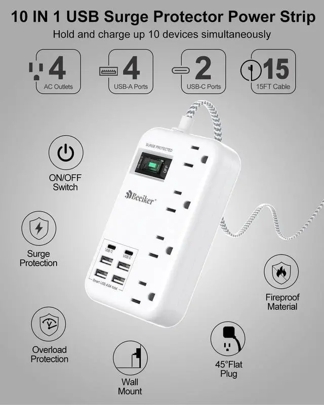 Alt view image 11 of 14 - 6 USB(2 USB C) Surge Protector Power Strip- 15 Ft Extension Cord with 6 USB Charging Station and 4 Outlets, Flat Plug Long Braided Extension Cord with Multiple Outlets Wall Mount for Home Office Dorm