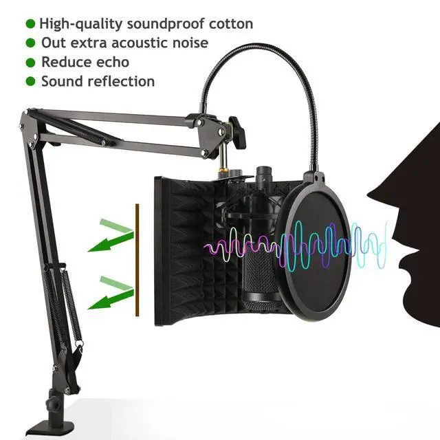 Alt view image 11 of 14 - Microphone Isolation Shield with Mic Stand and Pop Filter, Foldable Sound Shield for Most Condenser Microphone Recording Equipment Studio, High Density Absorbent Foam to Filter Vocal by Frgyee