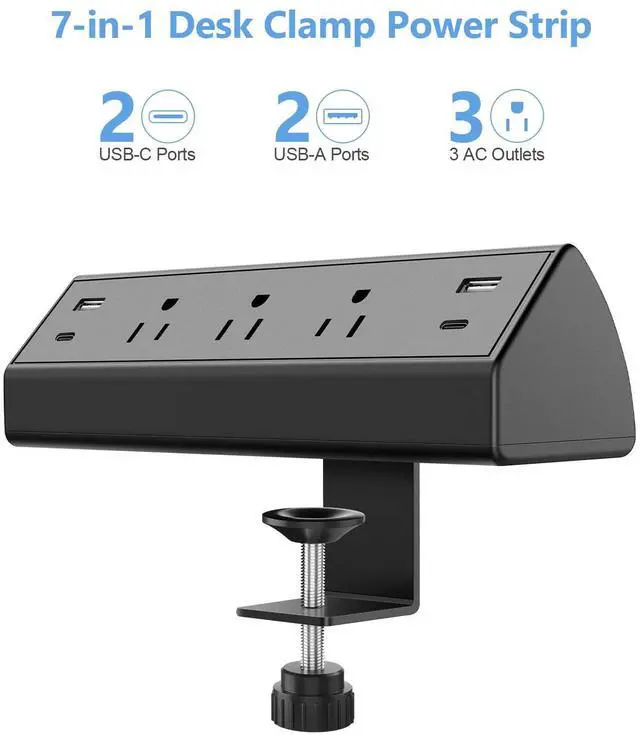 Alt view image 9 of 14 - Desk Clamp Power Strip,40W Total Fast Charging Station,2 PD 20W USB C Ports,Desk Edge Mount Surge Protector for Home, Office,3 Outlets,Fit 1.96" Tabletop Edge,ETL Listed
