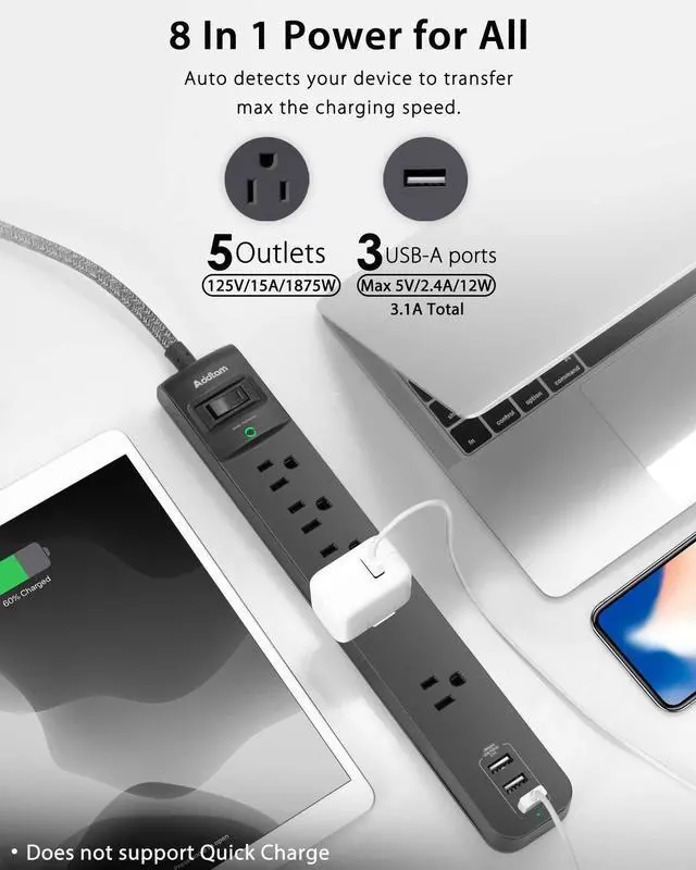 Alt view image 11 of 14 - 10Ft Long Surge Protector Power Strip - Extension Cord with Multiple Outlets, 5 Widely Outlets 3 USB Charging Ports, Flat Plug Overload Surge Protection, Wall Mount for Home, Office ETL Listed, 2 Pack