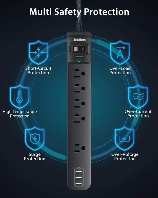 Alt view image 13 of 14 - 10Ft Long Surge Protector Power Strip - Extension Cord with Multiple Outlets, 5 Widely Outlets 3 USB Charging Ports, Flat Plug Overload Surge Protection, Wall Mount for Home, Office ETL Listed, 2 Pack
