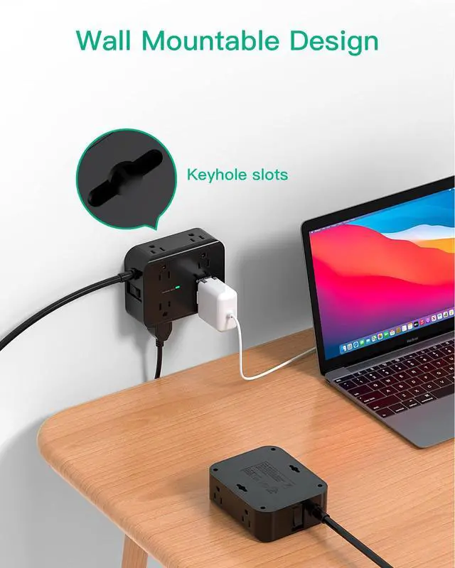 Alt view image 12 of 14 - Power Strip Surge Protector - Flat Plug, Wall Mount, 8 Wide Outlets with 4 USB Ports (2 USB C), 5FT Heavy Duty Extension Cord with Multiple Outlets, Charging Station Overload Protection for Home Dorm