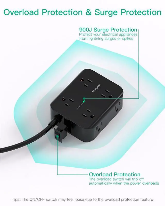 Alt view image 13 of 14 - Power Strip Surge Protector - Flat Plug, Wall Mount, 8 Wide Outlets with 4 USB Ports (2 USB C), 5FT Heavy Duty Extension Cord with Multiple Outlets, Charging Station Overload Protection for Home Dorm