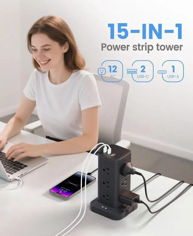 Alt view image 9 of 14 - Power Strip Tower with Surge Protector 1800J, Fast Charging Tower PD20W USB-C Ports with 12 AC Outlets, 10ft Extension Cord for Home Office Dorm Room, Black