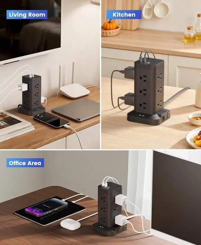 Alt view image 14 of 14 - Power Strip Tower with Surge Protector 1800J, Fast Charging Tower PD20W USB-C Ports with 12 AC Outlets, 10ft Extension Cord for Home Office Dorm Room, Black