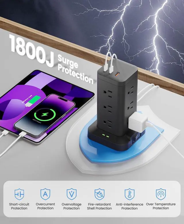 Alt view image 11 of 14 - Power Strip Tower with Surge Protector 1800J, Fast Charging Tower PD20W USB-C Ports with 12 AC Outlets, 10ft Extension Cord for Home Office Dorm Room, Black
