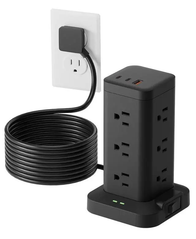 Alt view image 8 of 14 - Power Strip Tower with Surge Protector 1800J, Fast Charging Tower PD20W USB-C Ports with 12 AC Outlets, 10ft Extension Cord for Home Office Dorm Room, Black