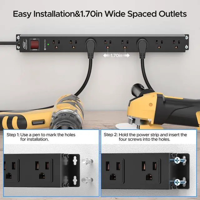 Alt view image 12 of 14 - 8 Outlet Metal Heavy Duty Power Strip, 2100J Surge Protector with 6FT Cord, 15A/1875W Wide Spaced Mountable Industrial Power Strip for Garage/Workshop/Office