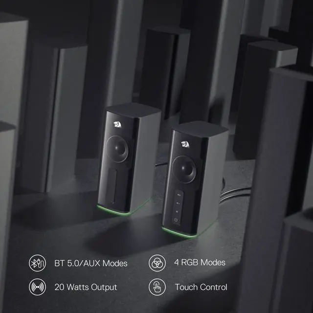 Alt view image 9 of 14 - GS814 Stereo Desktop Speaker, 20W Output, 4 Real Units, BT 5.0/3.5mm AUX, Enhanced Bass, Touch-Control, Dynamic RGB Lighting
