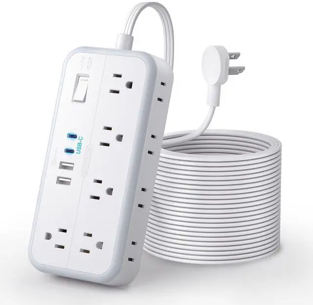Alt view image 8 of 14 - Flat Extension Cord 25 FT, Long Surge Protector Power Strip, 10 Outlets 4 USB Ports (2 USB C), 3 Side 3 Prong & 2 Prong, 2700J, Overload Protection, Flat Plug Wall Mount, White, SurgePro