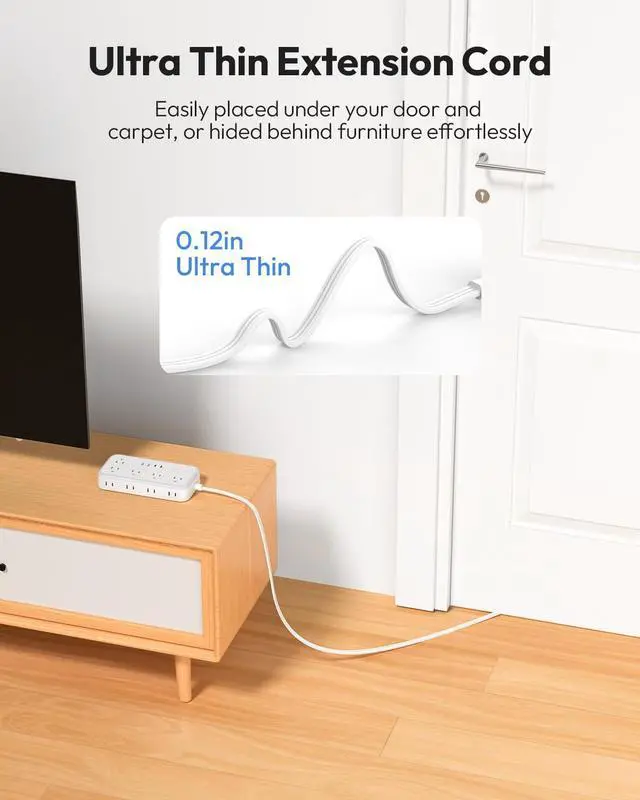 Alt view image 14 of 14 - Flat Extension Cord 25 FT, Long Surge Protector Power Strip, 10 Outlets 4 USB Ports (2 USB C), 3 Side 3 Prong & 2 Prong, 2700J, Overload Protection, Flat Plug Wall Mount, White, SurgePro