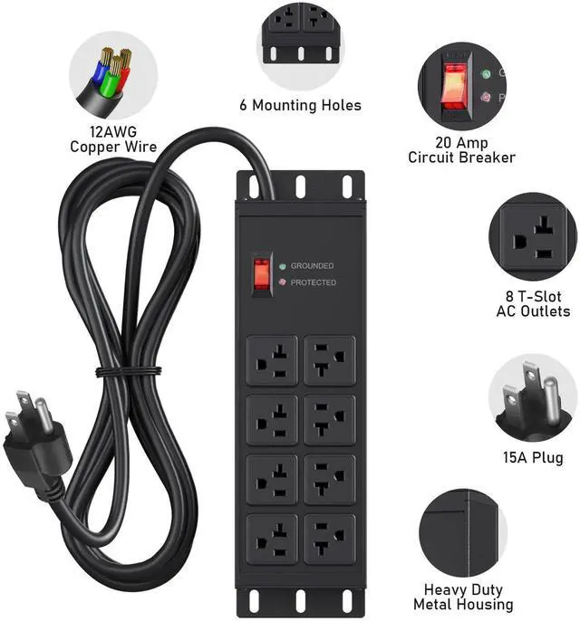 Alt view image 9 of 14 - Heavy Duty Surge Protector Power Strip 4800J, Garage Metal 8 Outlets 20 Amp 12 Gauge, High Amp 5-15P Adapter Shop 6-20R T-Slot Industrial Outlet, 6 FT Extension Cord Commercial for Appliance