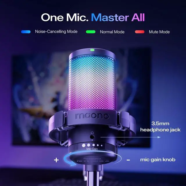 Alt view image 12 of 14 - USB Gaming Microphone, Noise Cancellation Condenser Mic with Mute, Gain, Monitoring, Boom Arm Mic for Streaming, Podcast, Twitch, YouTube, Discord, PC, Computer, PS4, PS5, Mac, GamerWave DGM20S