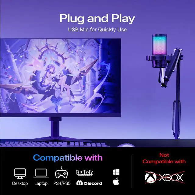 Alt view image 14 of 14 - USB Gaming Microphone, Noise Cancellation Condenser Mic with Mute, Gain, Monitoring, Boom Arm Mic for Streaming, Podcast, Twitch, YouTube, Discord, PC, Computer, PS4, PS5, Mac, GamerWave DGM20S