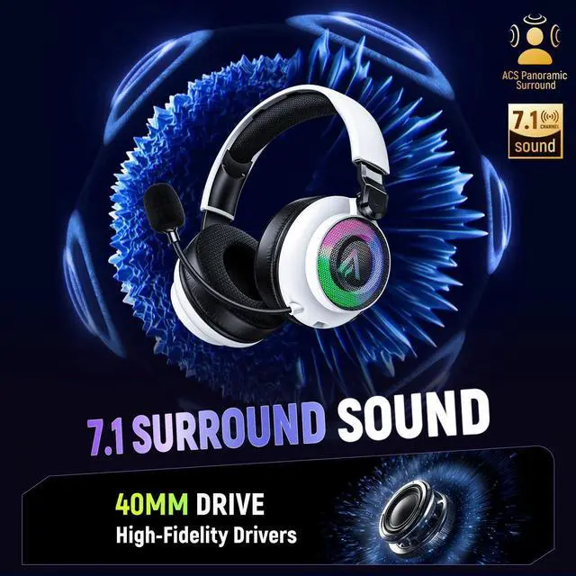 Alt view image 12 of 14 - Ultra-Light 3-in-1 Wireless Gaming Headset for PS5 PS4 Xbox, 7.1 Surround Sound, Noise Cancelling Mic, RGB Lights, 40H+ Battery, Lossless Audio, Comfy Over Ear Headphones for PC, Switch, Mac