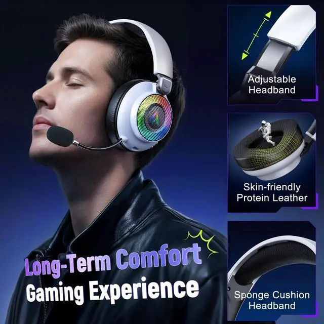 Alt view image 14 of 14 - Ultra-Light 3-in-1 Wireless Gaming Headset for PS5 PS4 Xbox, 7.1 Surround Sound, Noise Cancelling Mic, RGB Lights, 40H+ Battery, Lossless Audio, Comfy Over Ear Headphones for PC, Switch, Mac