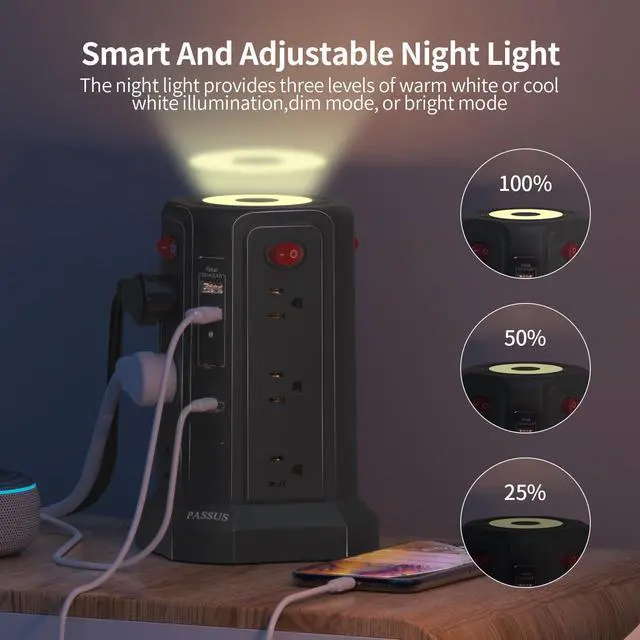 Alt view image 10 of 14 - Long Surge Protector Power Strip 16 FT Cord, PD20W USB C Power Strip Tower with Night Light, Extension Cord with Multiple Outlets with 4 USB Ports, PASSUS Charging Station Home Office Essentials Black