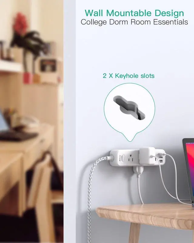 Alt view image 14 of 14 - Extension Cord, Surge Protector Power Strip, Long Extension Cord with 9 Outlets 3 USB Ports, Extension Cord with Multiple Outlets, USB Power Strip for Dorm Room Essentials, College(15FT, White)