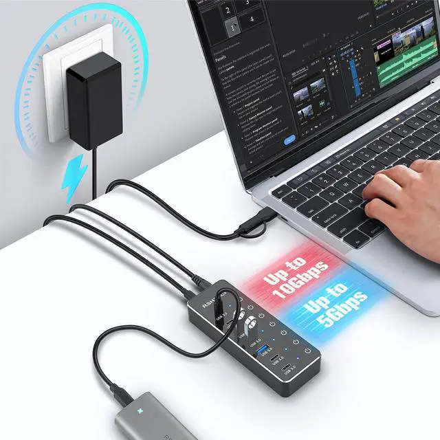 Alt view image 9 of 14 - 7-Port Powered USB 3.2/USB-C Hub Splitter with 3 x 10Gbps USB-3.2 Ports (2C + 1A),4 USB-3.0 Ports (2C + 2A), 3.3ft Cable, Touch Switches, and 5V Power Adapter for Laptop PC