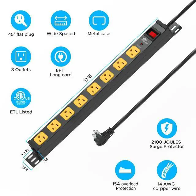 Alt view image 14 of 14 - 8-Outlet Heavy Duty Power Strip Surge Protector (2100 Joules), Mountable Metal Long Power Bar with 6FT 14AWG Extension Cord, 15A Circuit Breaker, ETL Listed for Garage, Workshop, Office