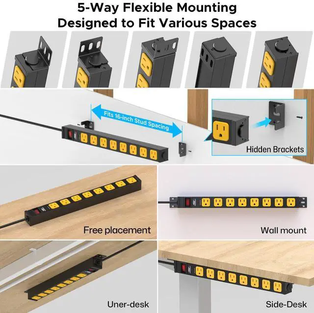 Alt view image 9 of 14 - 8-Outlet Heavy Duty Power Strip Surge Protector (2100 Joules), Mountable Metal Long Power Bar with 6FT 14AWG Extension Cord, 15A Circuit Breaker, ETL Listed for Garage, Workshop, Office