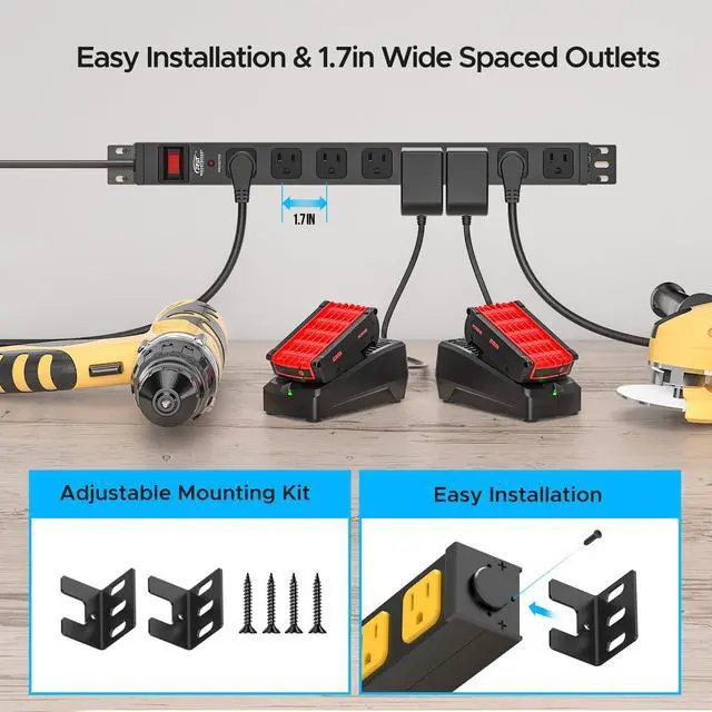 Alt view image 11 of 14 - 8-Outlet Heavy Duty Power Strip Surge Protector (2100 Joules), Mountable Metal Long Power Bar with 6FT 14AWG Extension Cord, 15A Circuit Breaker, ETL Listed for Garage, Workshop, Office