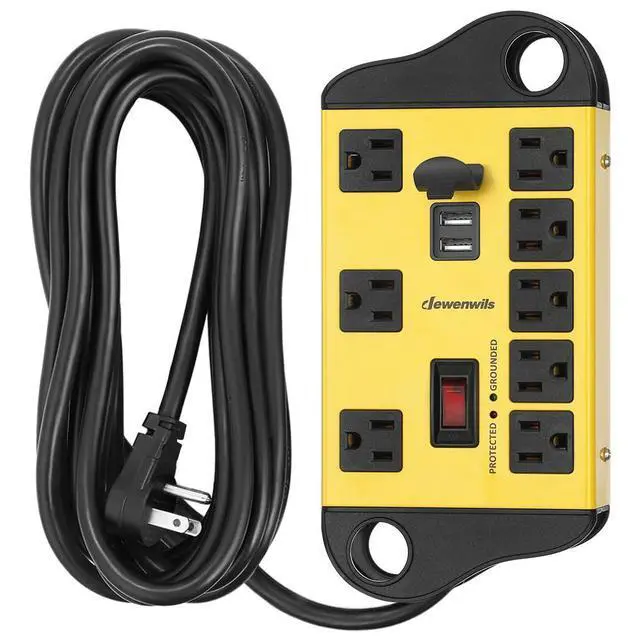Alt view image 8 of 14 - 8-Outlet Metal Power Strip Surge Protector with 2 USB Ports, UL Listed, 15 Ft Flat Plug Extension Cord, Heavy Duty Industrial Power Strip,15A Circuit Breaker, 1440Joules, Wall Mount