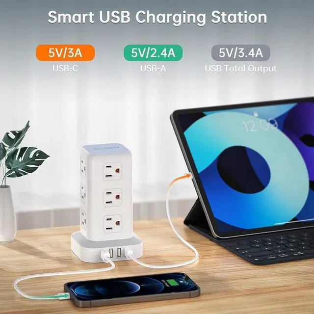 Alt view image 9 of 14 - Tower Surge Protector Power Strip with USB 12 Outlets with 4 USB Ports (1 USB C), 10FT Extension Cord Multi Plug Outlet Extender Overload Protection for Home Office